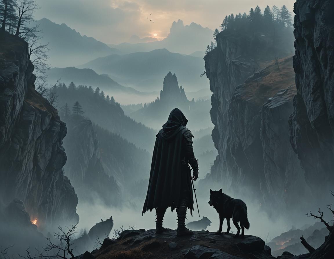 Dark Fantasy Warrior with Wolf on Misty Cliff