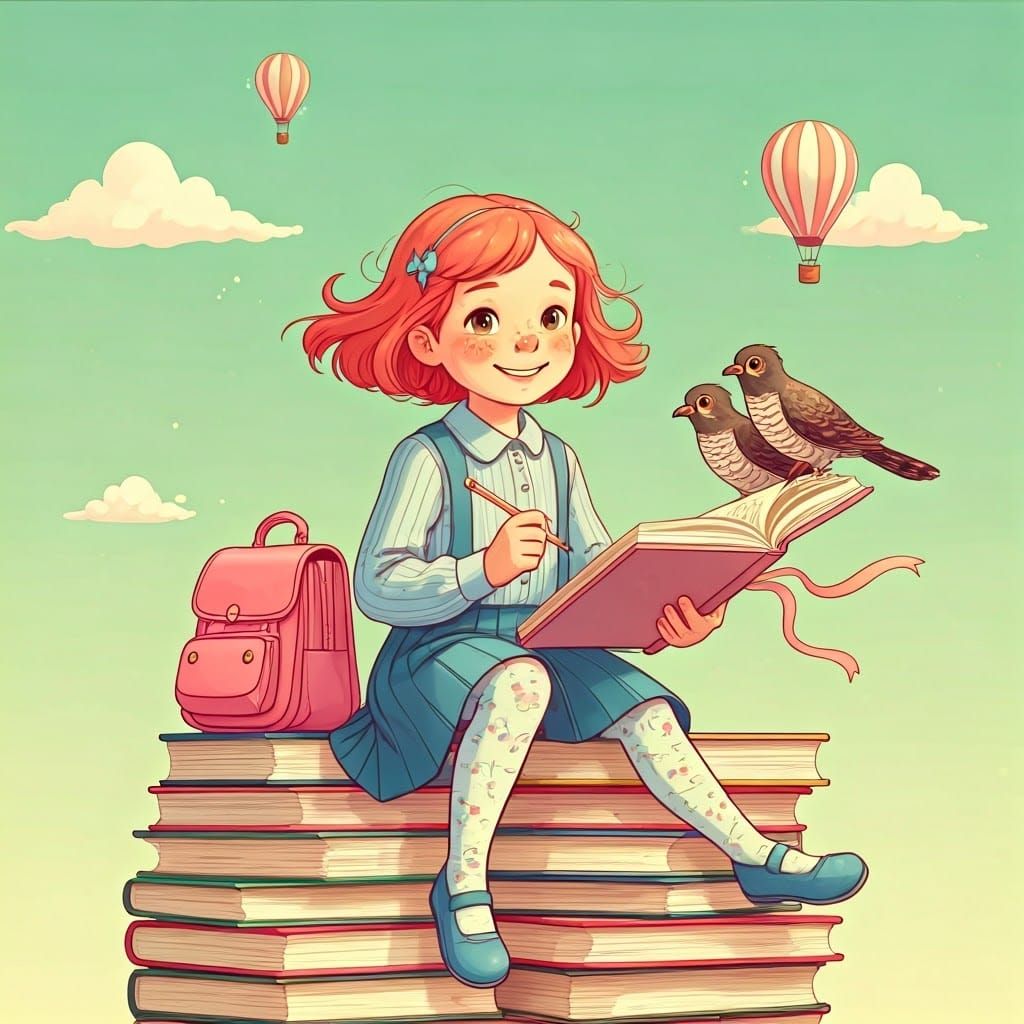 Whimsical 3D Girl Studying with Birds and Balloons
