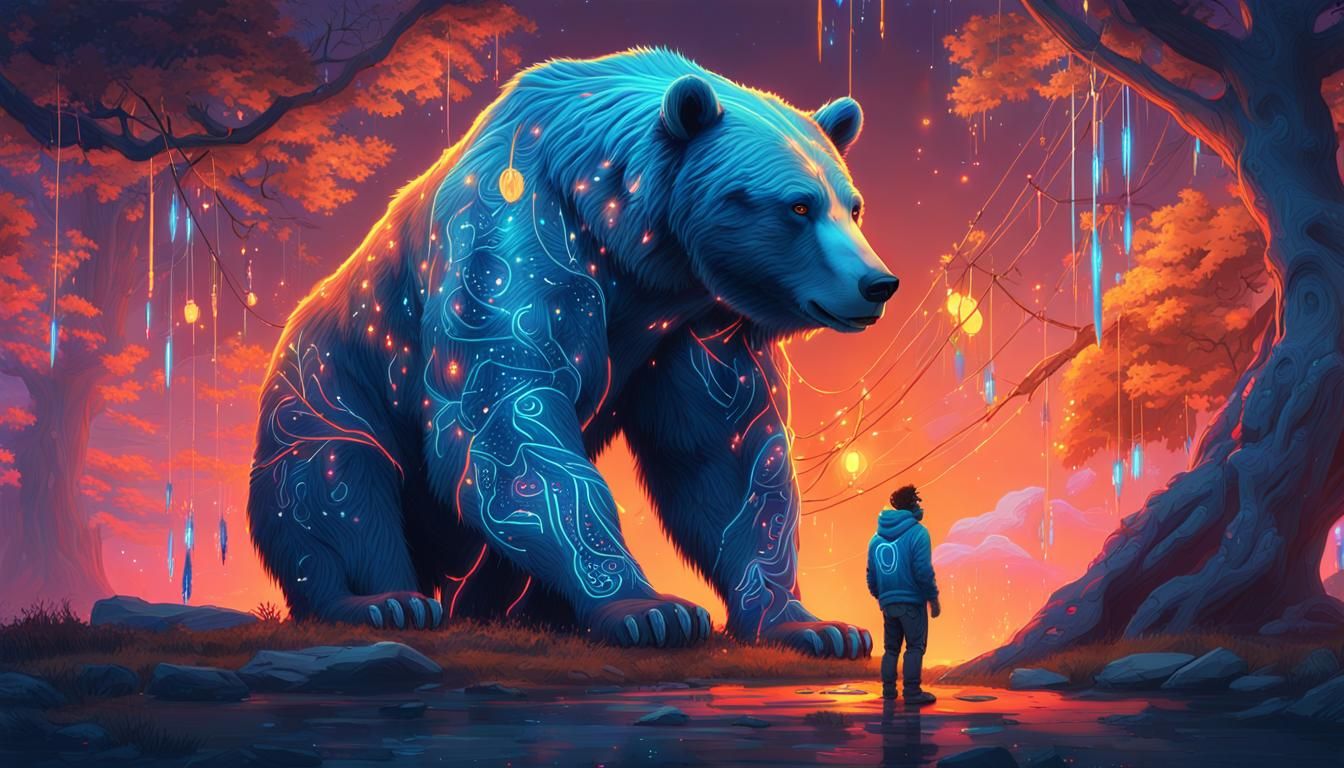 pandora bear with neon tattoo indian style, background with ...