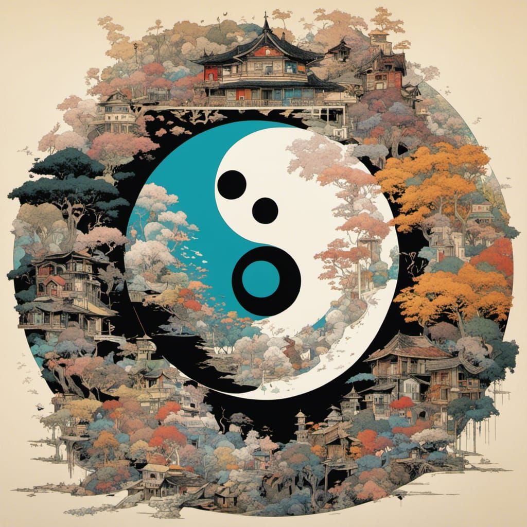 Intricate Yin-Yang Symbol with Fairy Village Collage