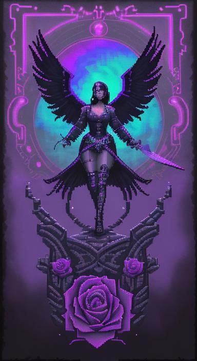 Raven, Rose, Tome, and Sword in Pixel Art