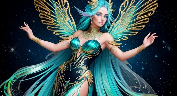 Fairies with Gold Filigree and Ink Splatter Art