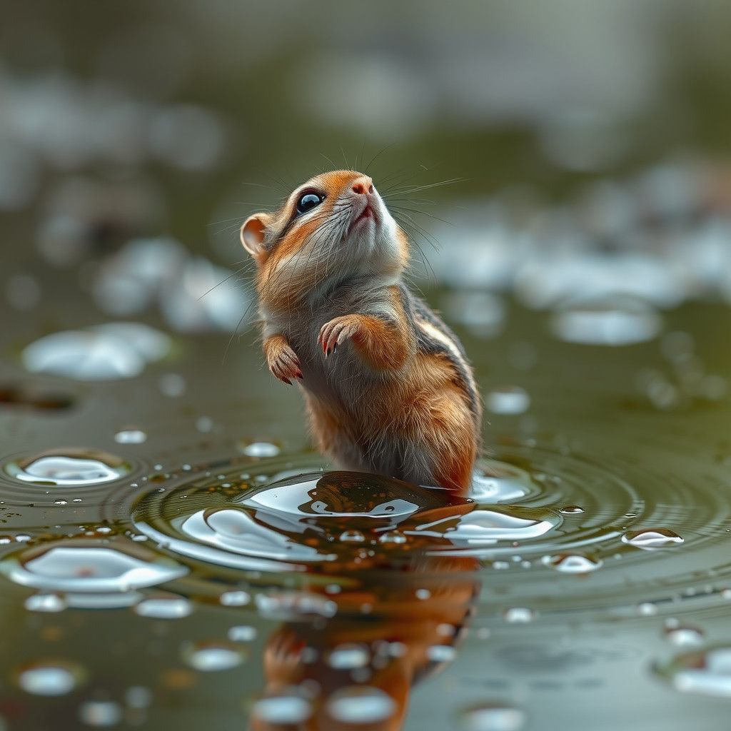Chipmunk Mesmerized by Rain in Glistening Riverbed