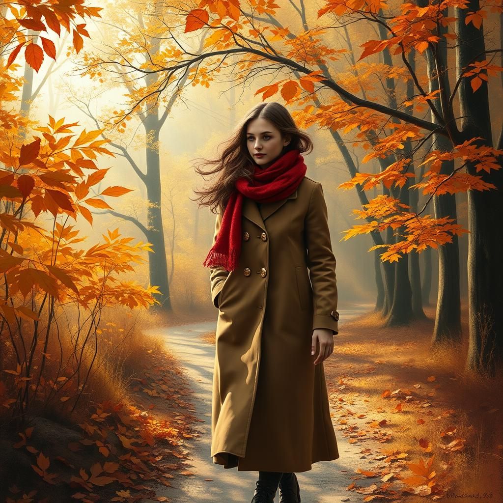 Autumnal Woman in Forest Path as Impasto Painting