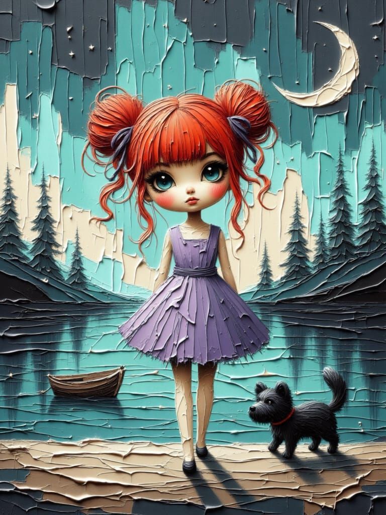 Moonlit Girl with Puppy as Oil Painting
