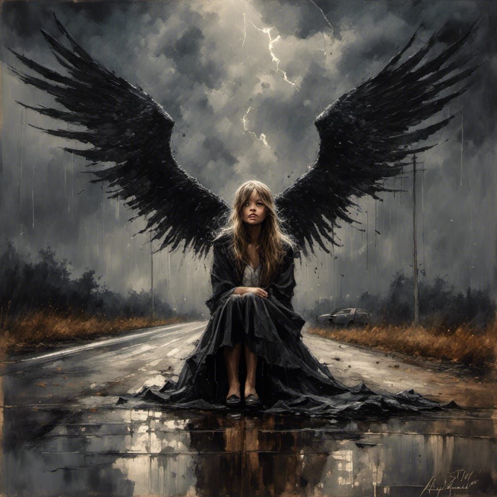 Fallen Angel Crying in Rainstorm with Broken Wings