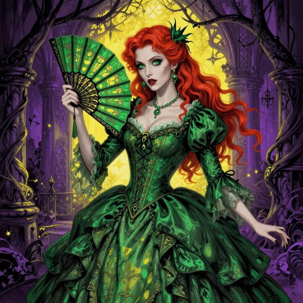 Gothic Ball Gown Woman with Fan in Garden