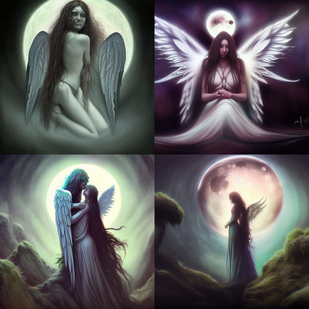 Druid and Angel Embrace in Romantic Moonscape