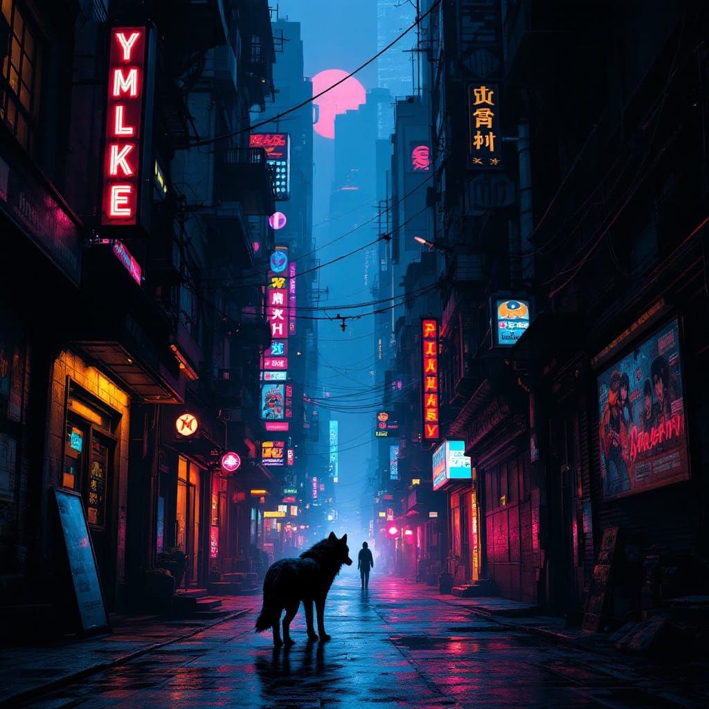 Synthwave Wolf in Dystopian Cityscape