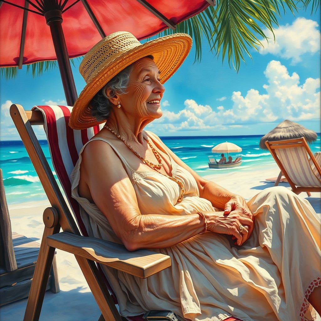 Grandmother Relaxing on Beach in Impasto Gouache Style