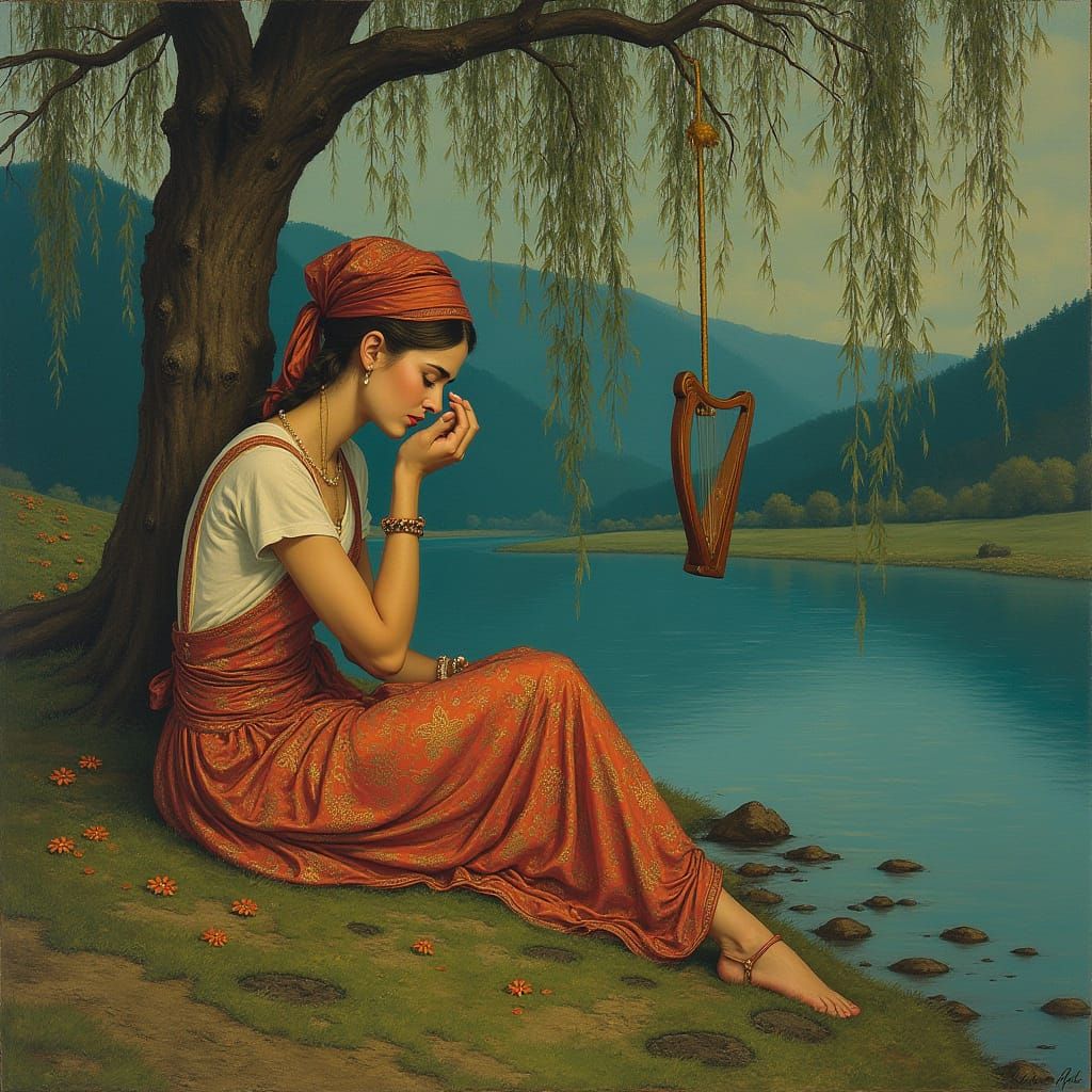 Woman Weeping by River with Harp in Chagall Style