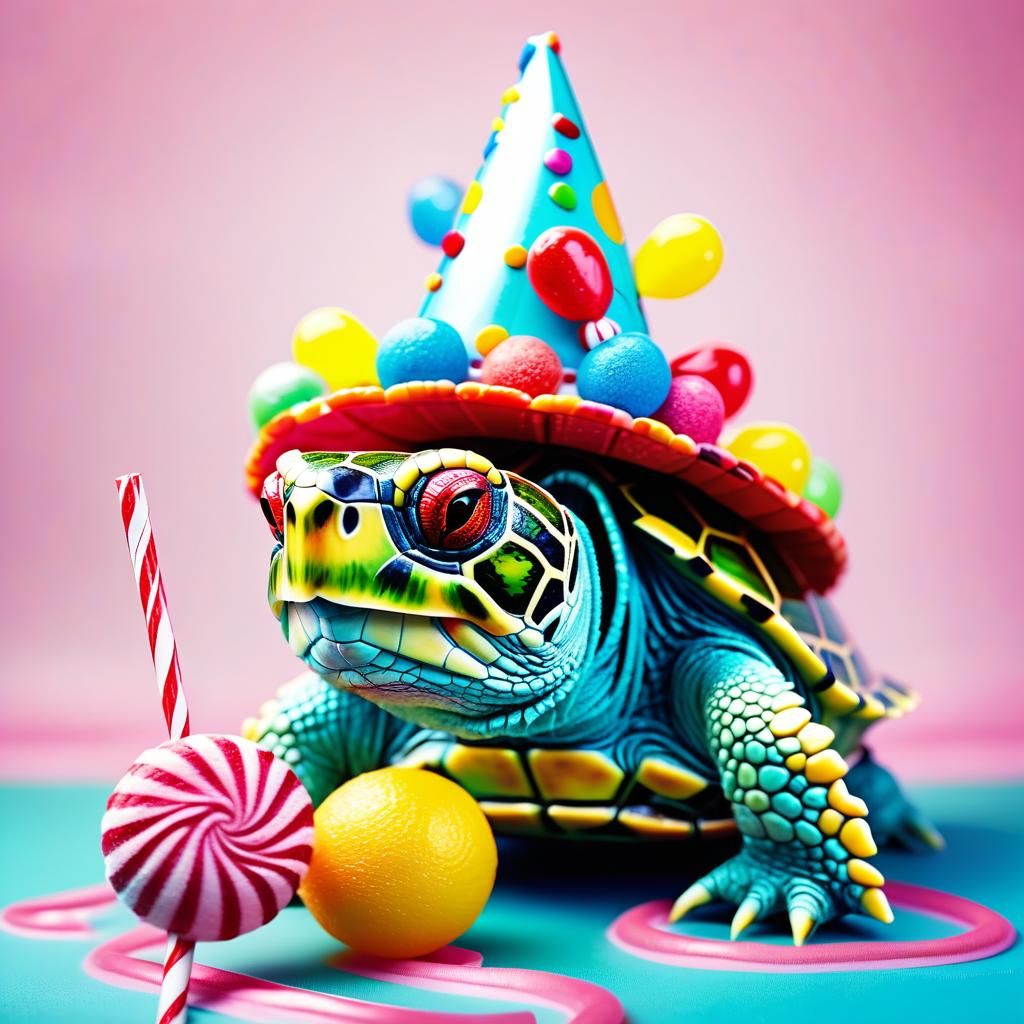 Candy Art Turtle Portrait with Lollipop and Party Hat