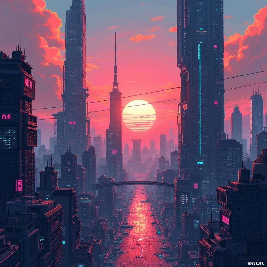Vibrant Futuristic Cityscape at Sunset in Pixel Art Style