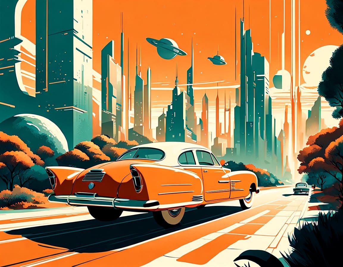 Retro Futurism Orange Cityscape with Sci-Fi Vehicles
