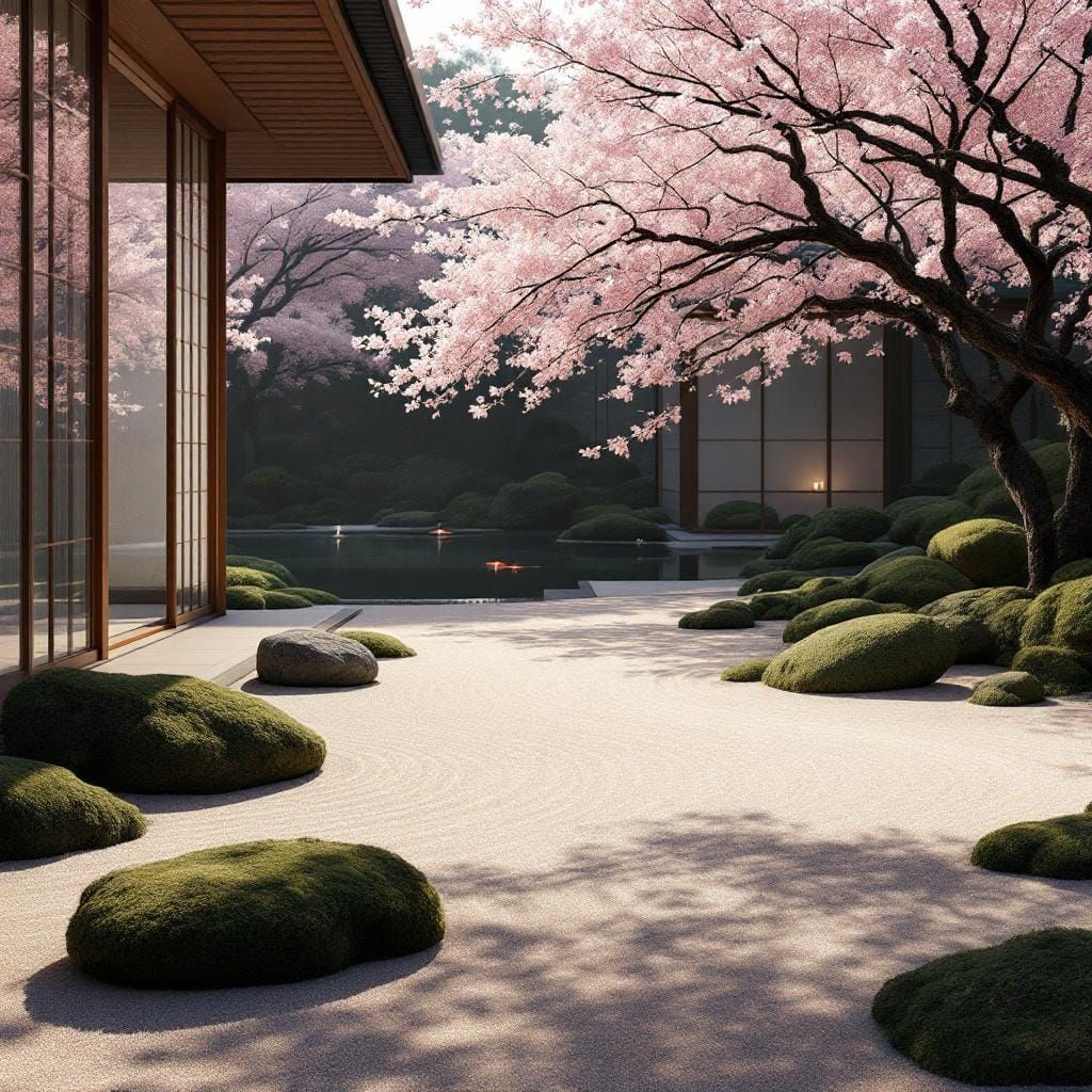 Zen Garden with Koi Pond and Cherry Blossoms
