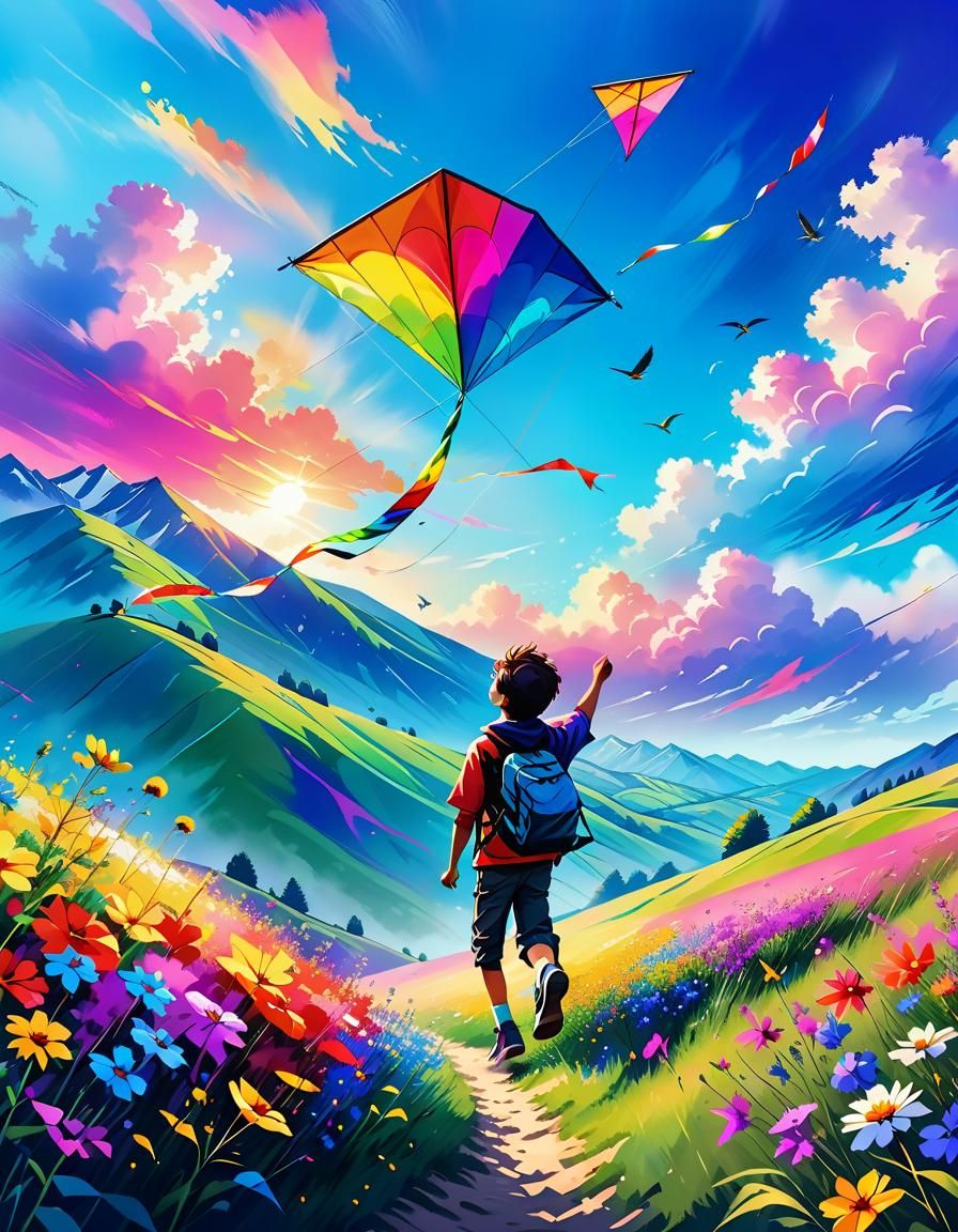 Boy Flying Kite at Sunrise in Vaporwave Style