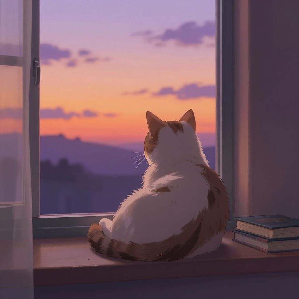 Cat Gazes at Sunset in Painterly Anime Style