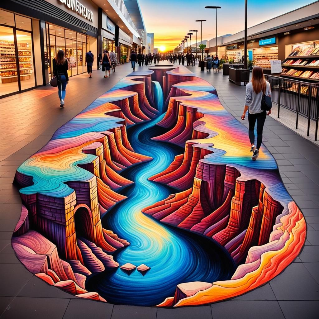 Colorful Chalk Art of Canyon at Sunset