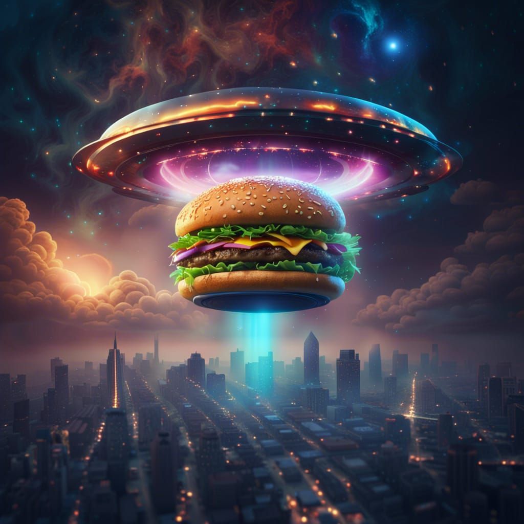 Burger UFO Floats Over City at Night