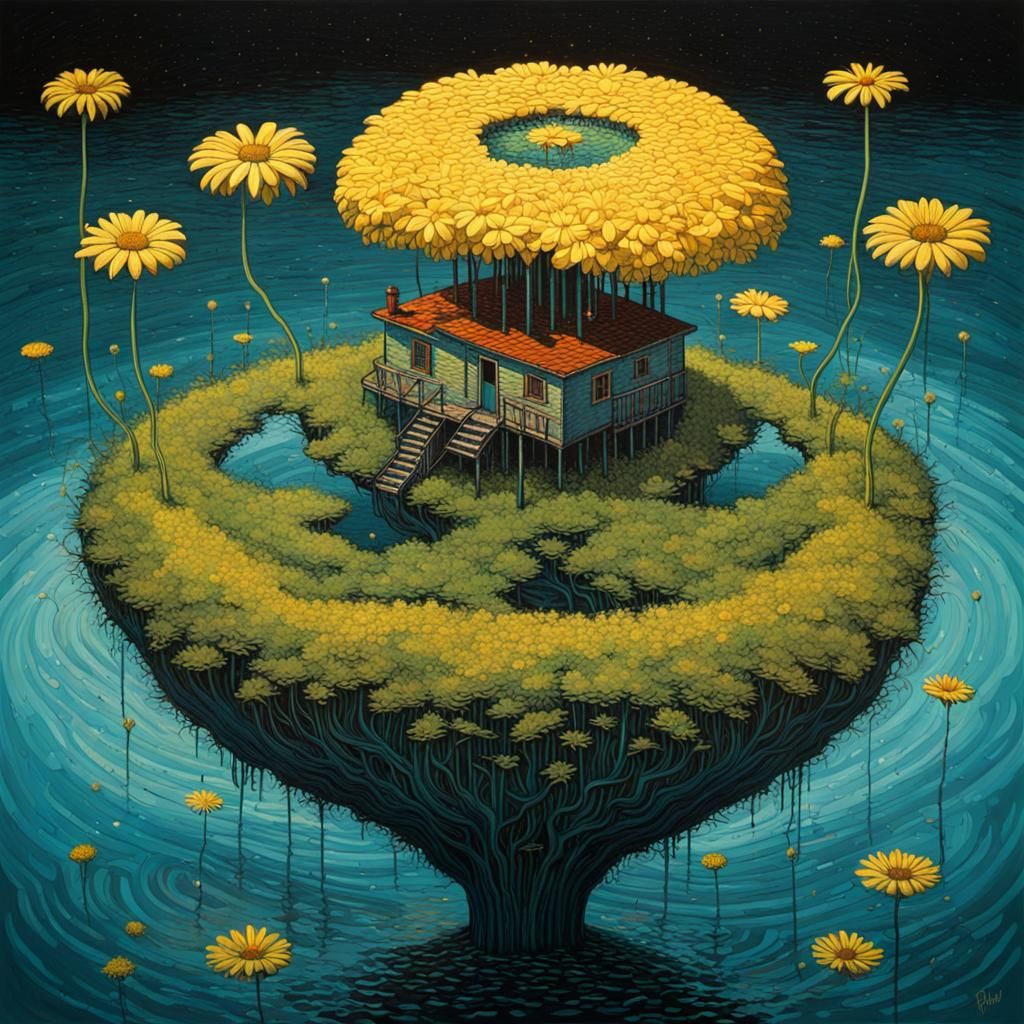 Escher painting of a floating island with a few tall gangly daises in pop art style, complimentary vivid color combos, s...