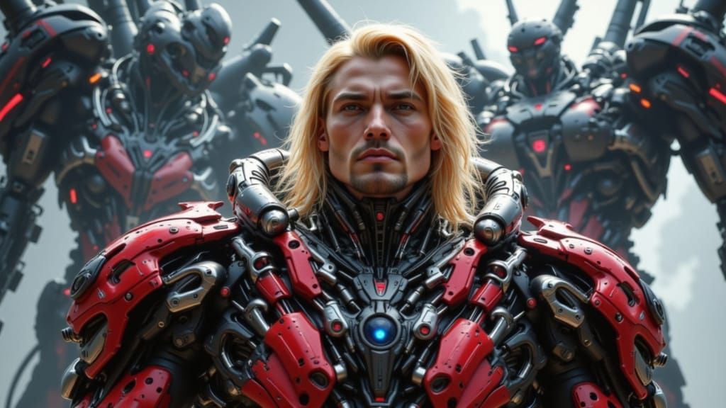 Muscular Soldier in Futuristic Armor Battles Sinister Mecha