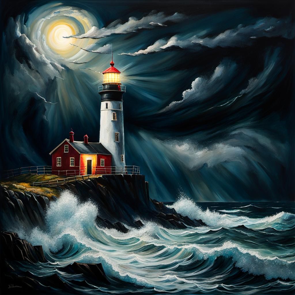 Lighthouse Shines in Stormy Night: Mixed Media Painting
