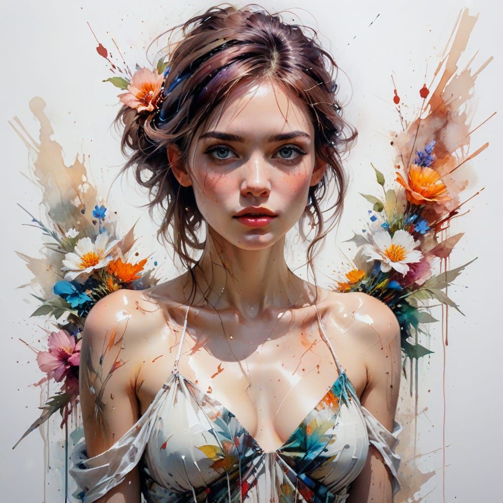 Young Woman in Lush Garden, Stylized Watercolour