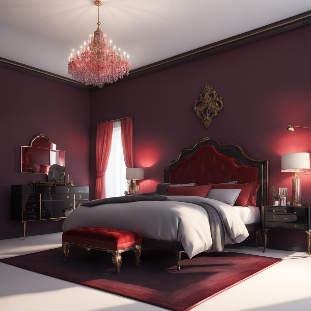 Beautiful bedroom with holographic red walls and holographic red bed and red velvet floor and red crystal chandelier& re...
