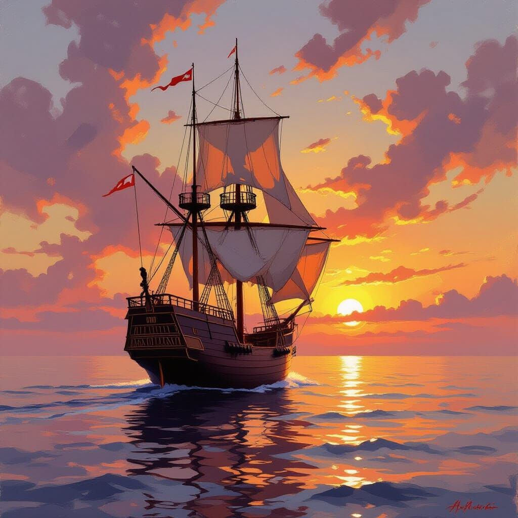 Galleon at Sunset: Expressive Seascape Oil Painting