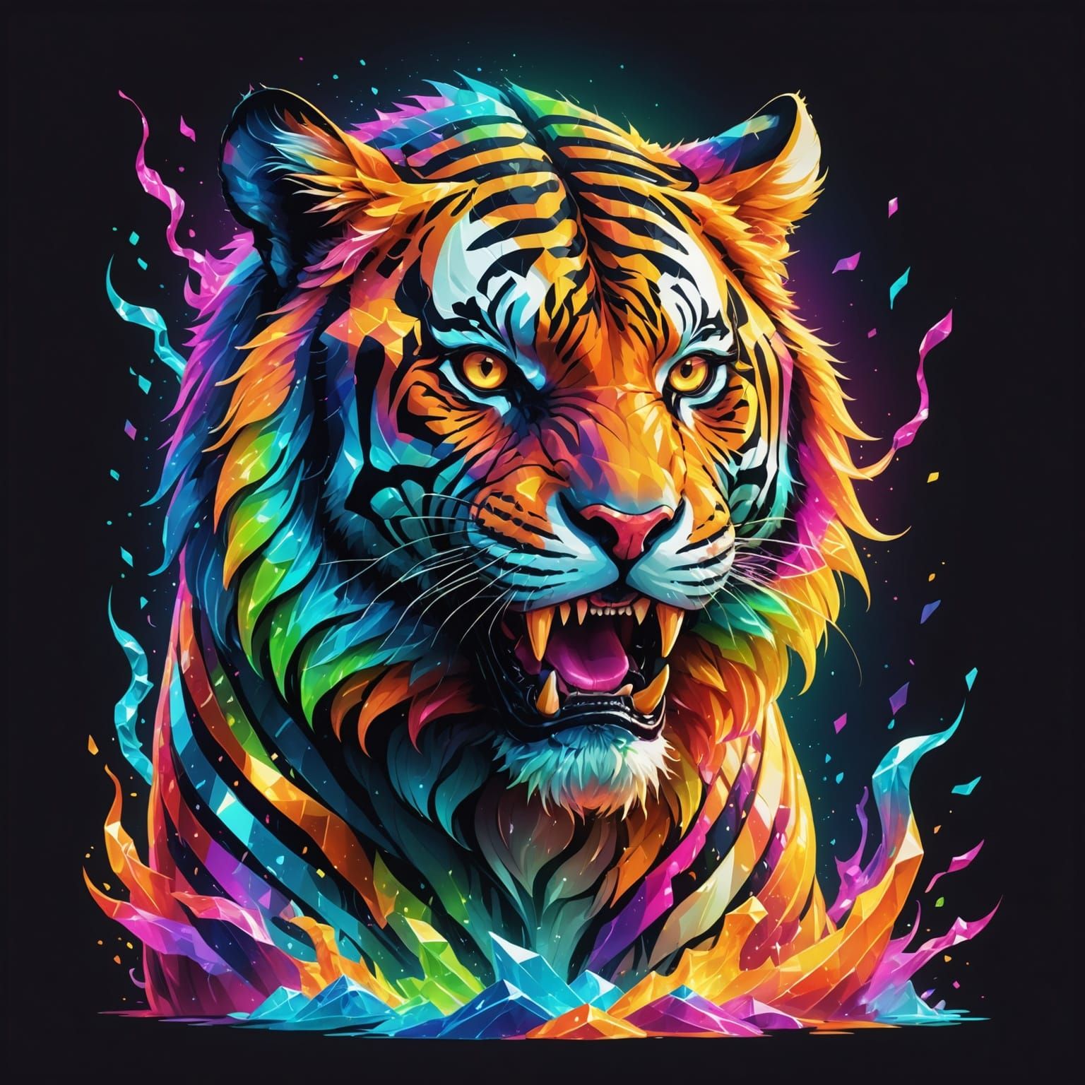 Crystal Tiger Roaring Rainbow Fire in Neon Vector Art