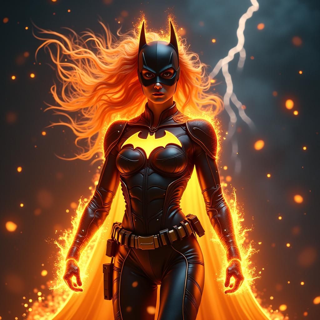 Dynamic Batgirl with Fiery Hair and Mystical Lightning