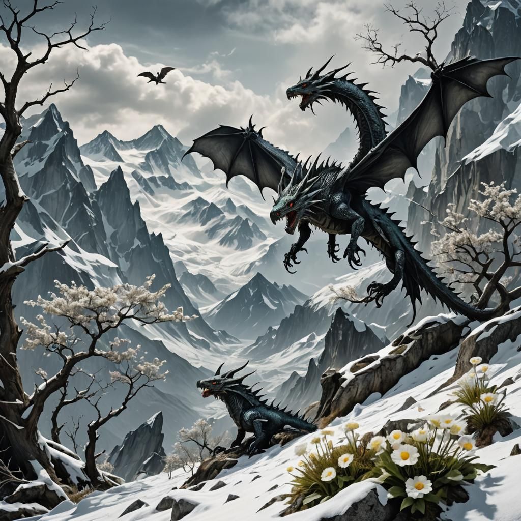 Gothic Apocalyptic Landscape with Three-Headed Dragon