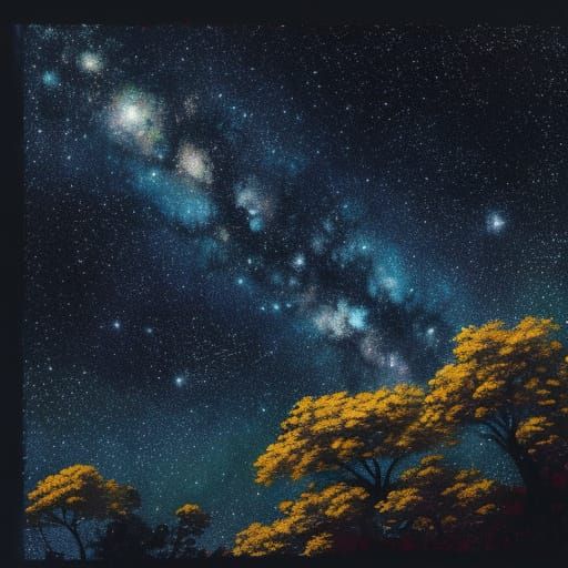 Starry Night Sky Explodes Over Dark Landscape in Oil Paintin...