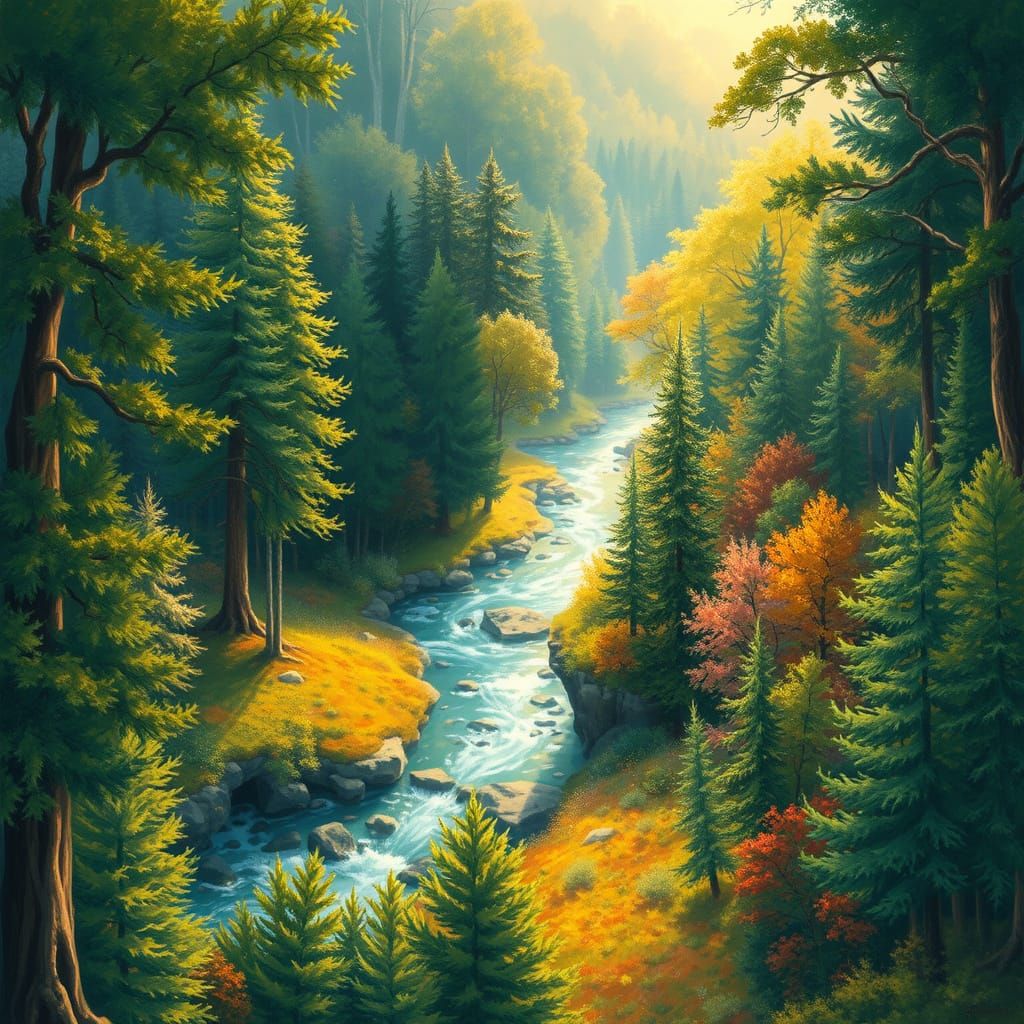 Bird's Eye View of Vibrant Forest with River