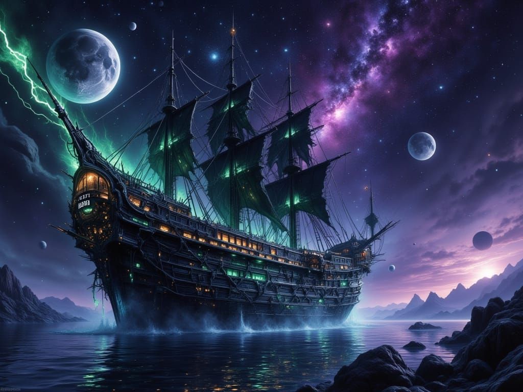 Futuristic Obsidian Ship in Haunted Nebula