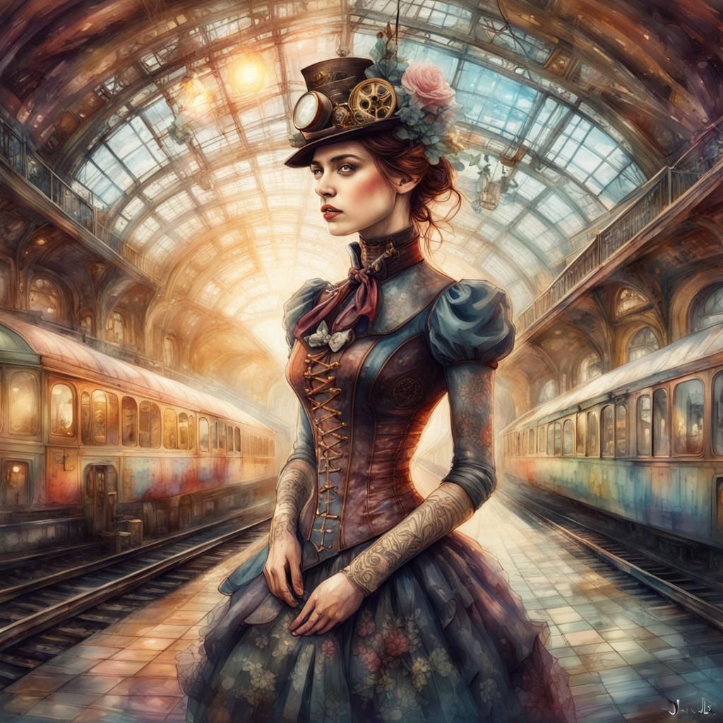 Beautiful Woman in a steampunk train station