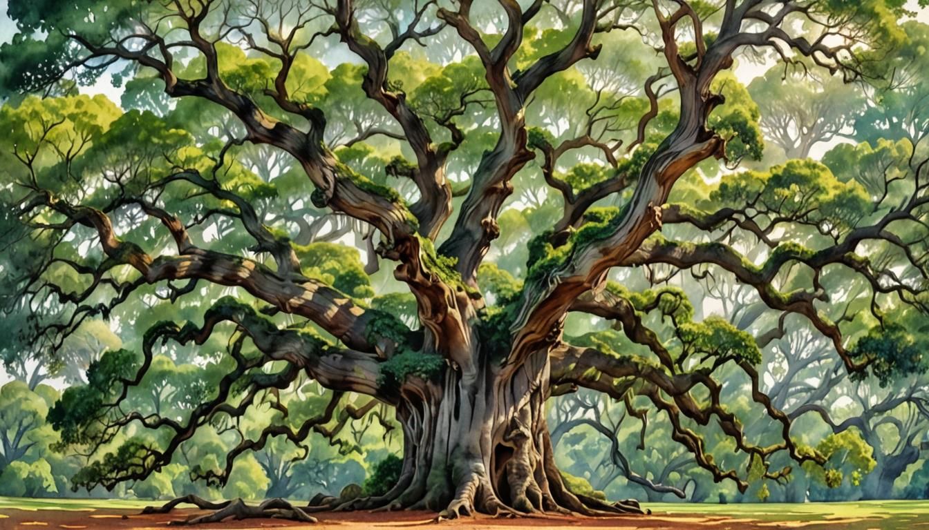Angel Oak Tree in Art Deco Victorian Watercolor