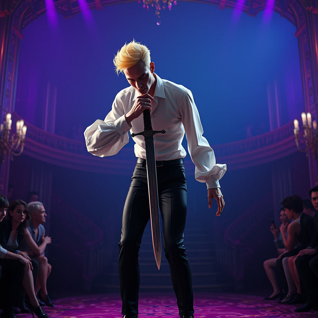 Sword Swallower Performance in Dark Fantasy Style