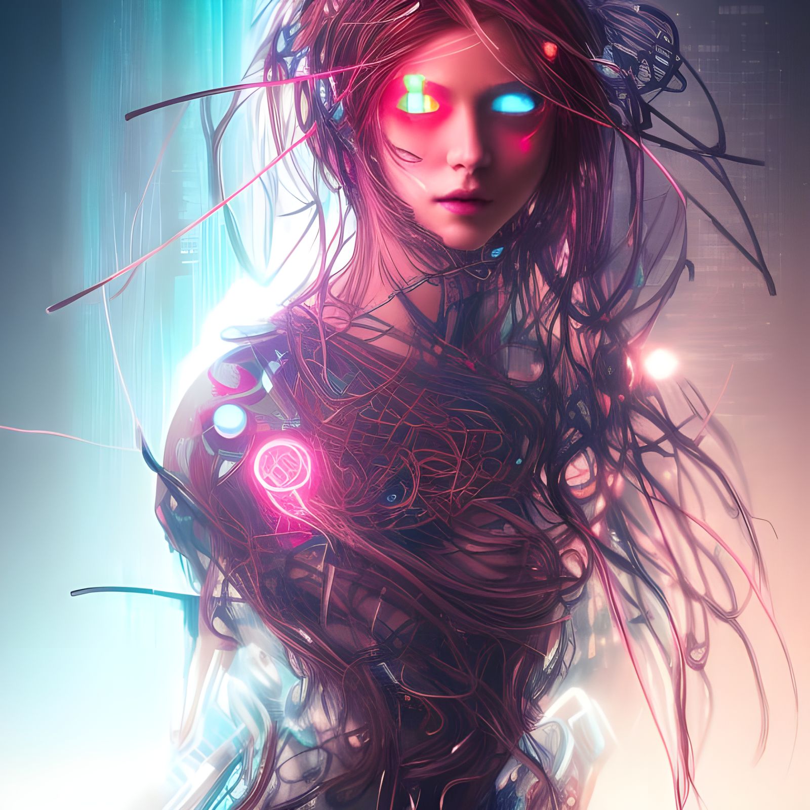 Neon Cyberpunk Goddess in Hyper-Detailed Cityscape
