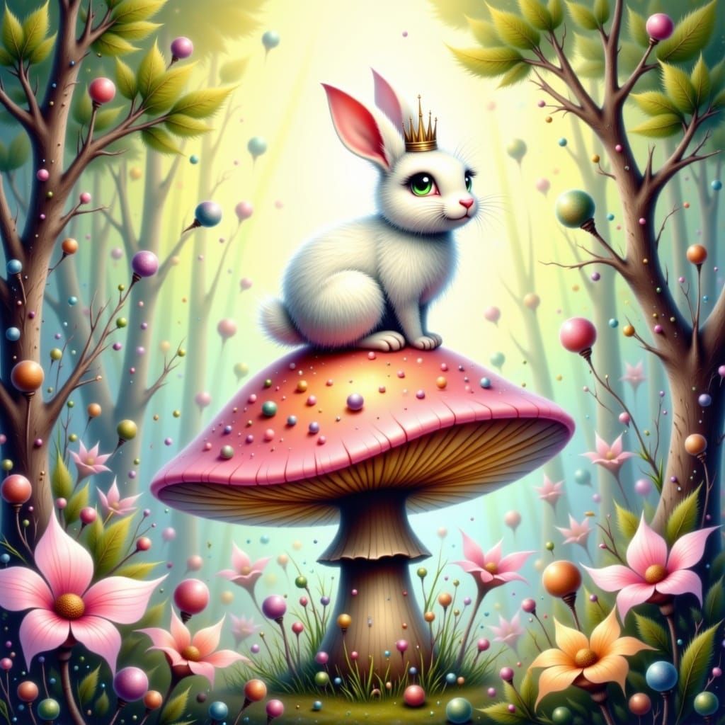 Watercolor Rabbit Queen on Giant Mushroom