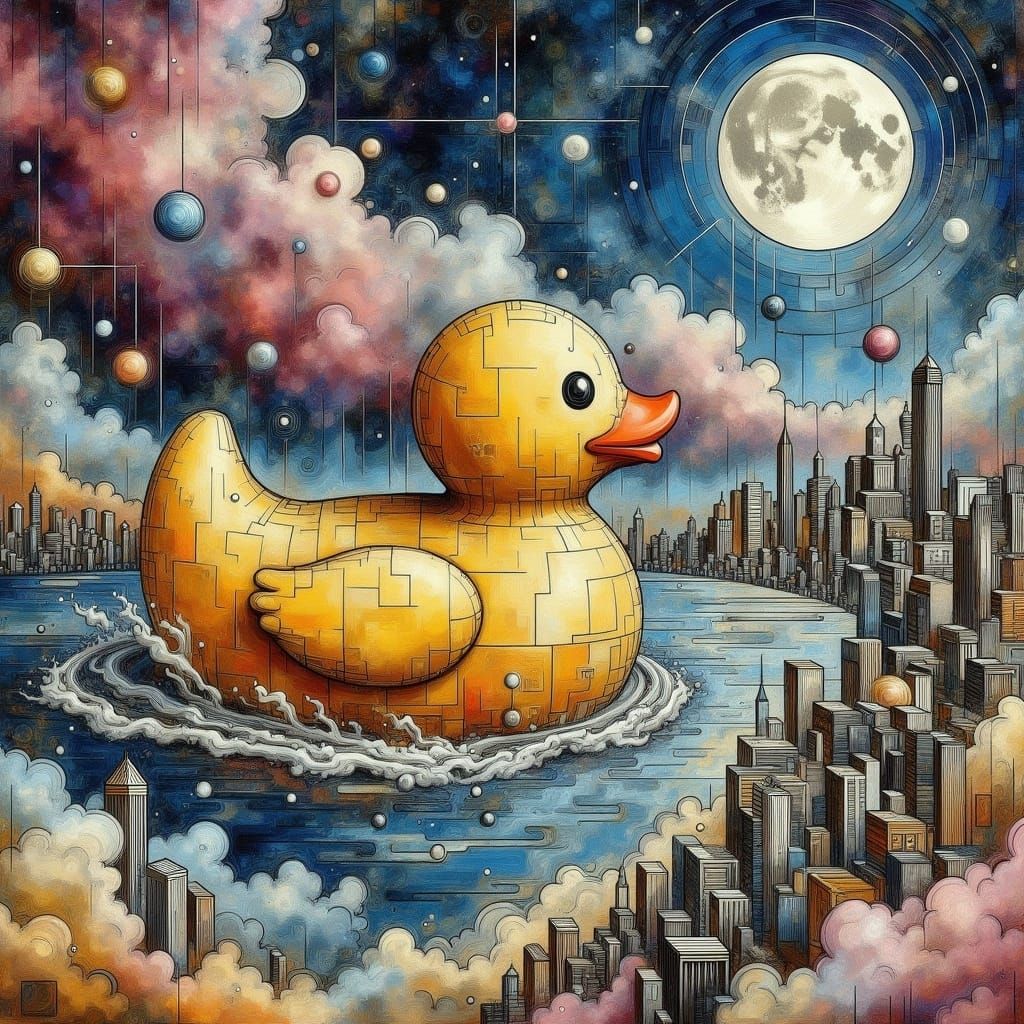 Surreal Cityscape with Giant Rubber Duck on a Moonlit Sky in...
