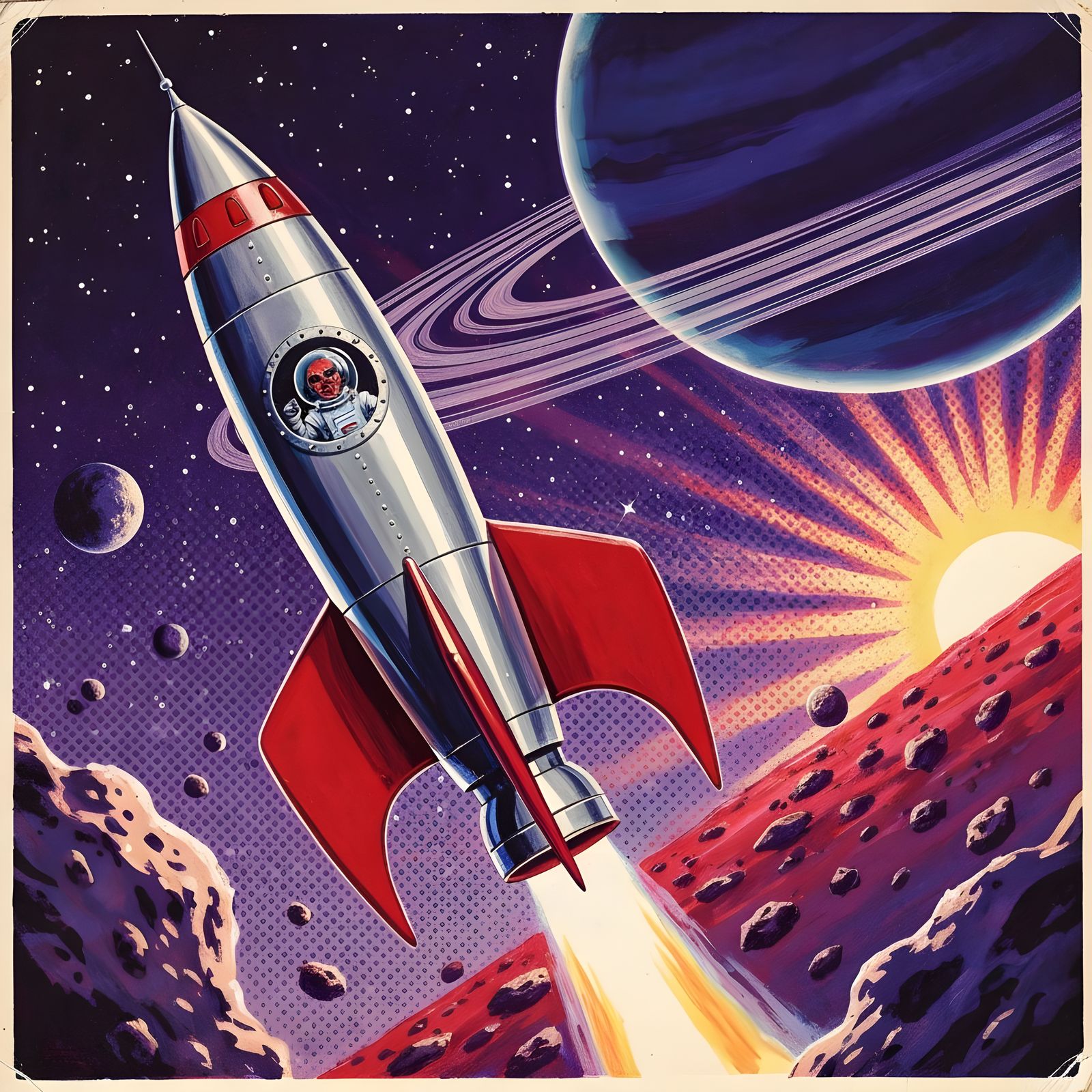 Vintage Rocket Ship Ascends Through Starry Cosmos