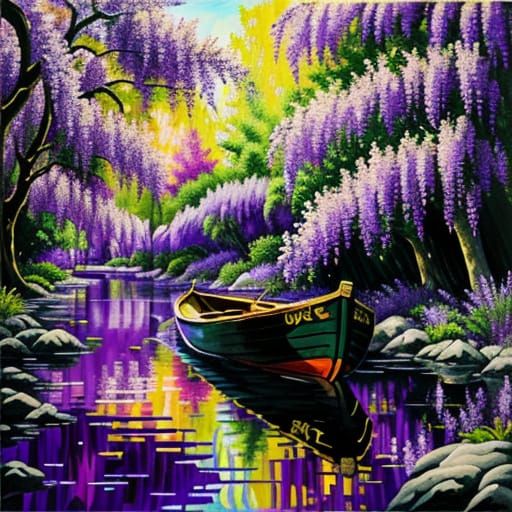 Purple River Canoe: Fauvist Oil Painting