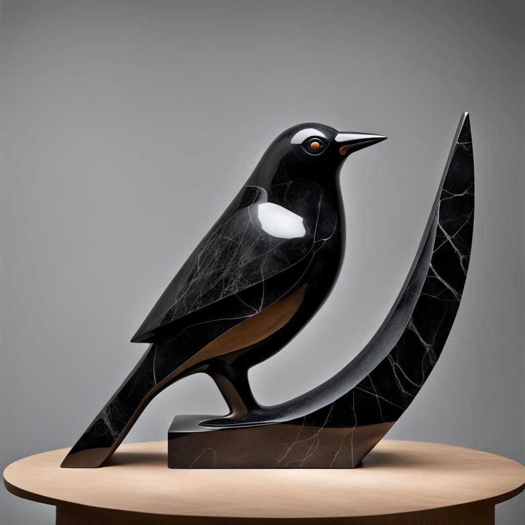 Black Marble Blackbird Sculpture in Abstract Style