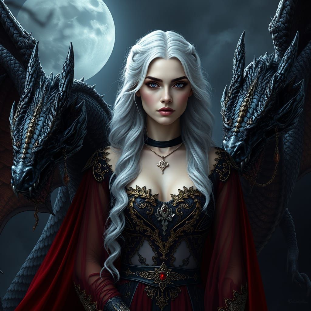 Regal Woman in Moonlit Splendor, Surrounded by Majestic Drag...