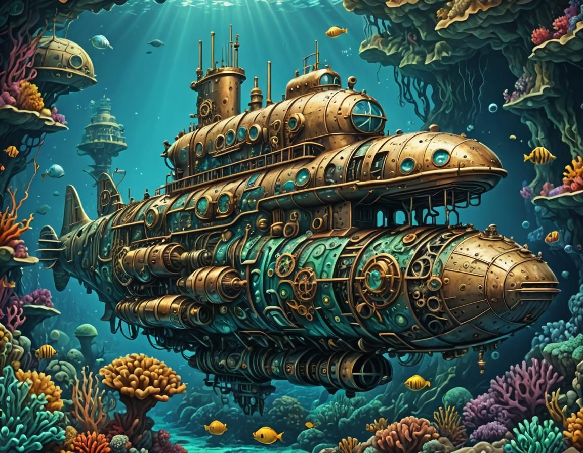 Underwater scene of a steampunk submarine in tropical sea ab...