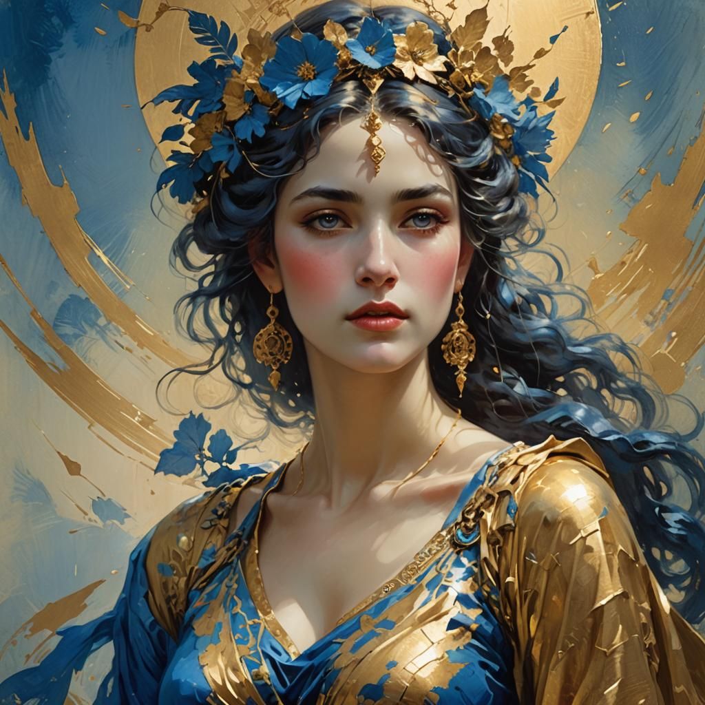 Ethereal Blue-Gold Goddess Illustration in Fantasy Style
