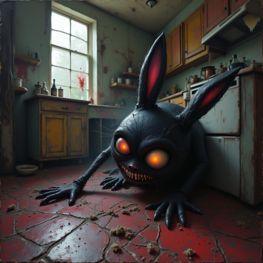 Wicked BrokenBunnie Crawling on Haunted Kitchen Floor