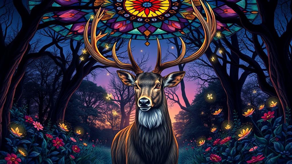 Mystical Stag in Twilight Garden with Fireflies