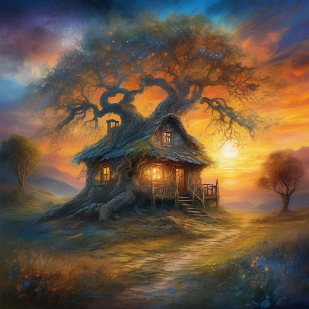 Mystical Cottage with Ancient Tree at Sunset